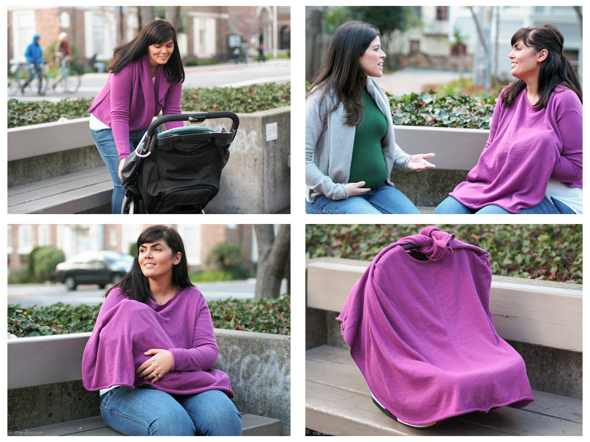 Cardimom shown in 4 uses: cardigan, nursing cover, carseat cover, and poncho